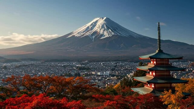 富士見絶景 赤い紅葉と五重塔