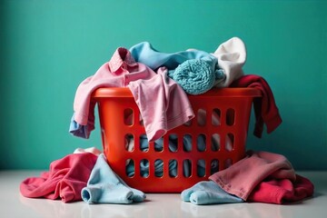 Overflowing laundry basket overflowing with wrinkled clothes, socks, and shirts, needing urgent washing A scene of domestic chaos and untidiness , color, clothes