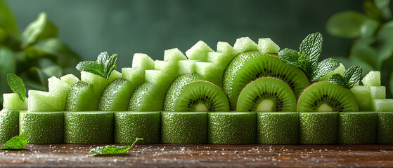 A row of sliced kiwi fruit with green leaves on top