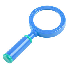Blue Magnifying Glass 3d icon in cartoon plastic style minimal isolated on transparent white background
