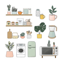 Cozy and Charming Kitchen Decor Elements with Plants and Appliances for Comfortable Living Spaces and Interiors