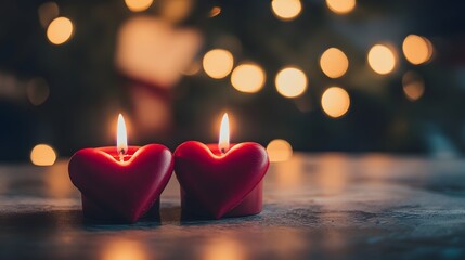 Two red heart-shaped candles glowing warmly on a table with soft light in the background