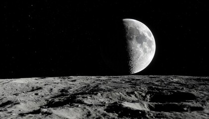 Crescent Moon over Lunar Surface: A Black and White Celestial Landscape