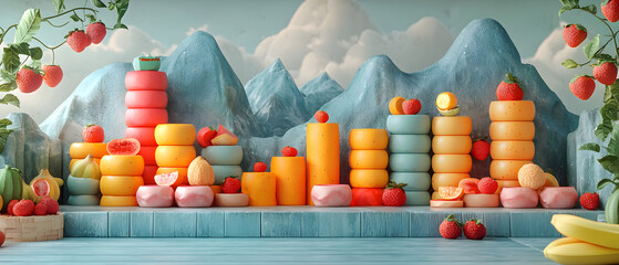 A display of fruit with a mountain backdrop