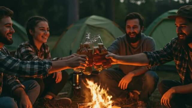 キャンプの夜、暖色系の光と笑顔輝く仲間たち。乾杯！