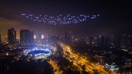 Obraz premium City at night with drones