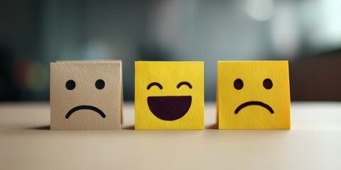 Three cubes display sad, happy, and unhappy faces, symbolizing various emotions on a neutral background.