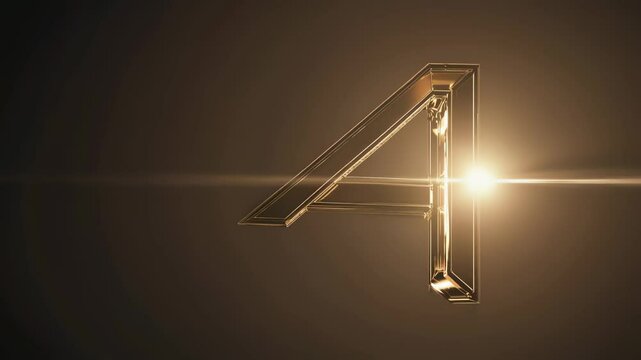 Golden number four fragmenting into small shimmering pieces against dark background, dramatic lens flare creating intense visual transformation with sleek metallic disintegration effect