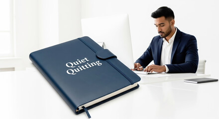 A notebook with the words 'quiet quitting' on an office desk where a businessman is working, symbolizing the workplace trend of employee disengagement.