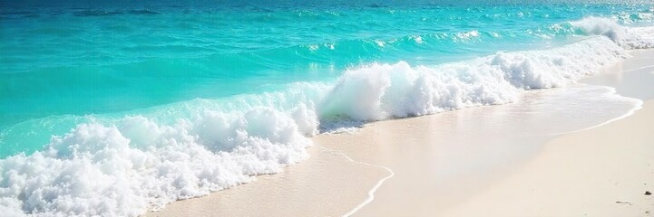 Sun-drenched turquoise ocean waves crash on a pristine white sand beach, creating a mesmerizing seascape Perfect for travel, vacation, or nature-themed projects , relaxation, aquatic