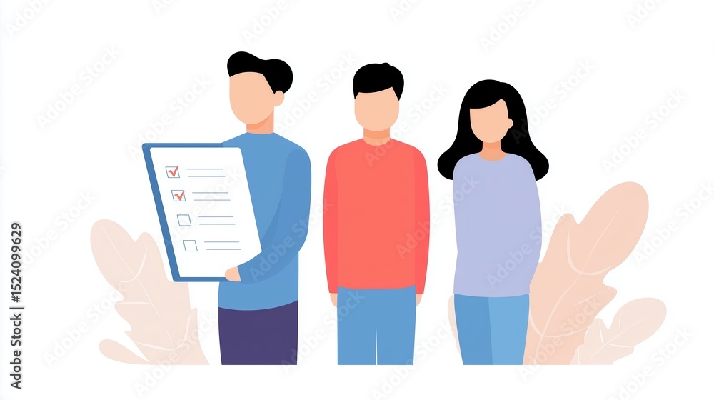 Poster group of diverse individuals standing together, one holding a checklist, showcasing teamwork and col