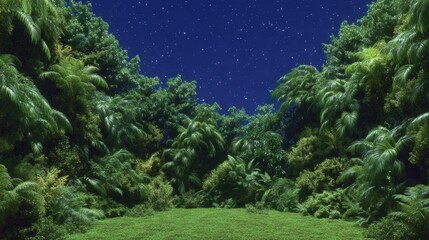 Obraz premium Lush Tropical Night Garden Palm Trees Starry Sky Green Foliage Nature Background