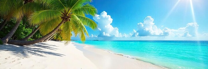 Sun-drenched beach scene with vibrant turquoise water, palm trees swaying gently in the breeze, and soft white sand Perfect for summer vacation imagery , travel, coast