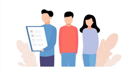Fototapeta premium Group of diverse individuals standing together, one holding a checklist, showcasing teamwork and collaboration in a professional setting with soft background elements