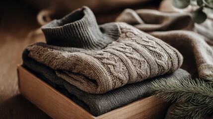 Cozy Stacked Knitted Sweaters in Earthy Tones on a Wooden Surface Ideal for Autumn and Winter Fashion