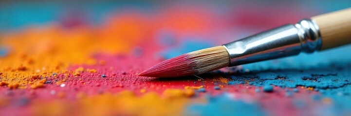 Close-up view of a paintbrush resting on a painter's palette, ready for the next stroke of vibrant color The bristles are soft and the paint is richly textured , color palette, detail