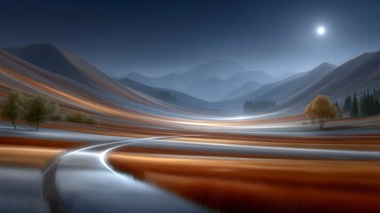 Dreamlike Landscape  Serene Mountains  Winding Road  Moonlit Night