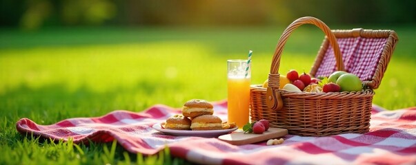 A cozy blanket spread out on a grassy field, alongside a wicker picnic basket overflowing with delicious treats and refreshing drinks, ready for a relaxing outdoor meal , fresh food, dessert, autumn