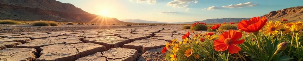Sun-baked earth cracks under a merciless sky; vibrant wildflowers stubbornly bloom amidst the arid landscape A stark, beautiful scene of summer's extremes , harsh, vista