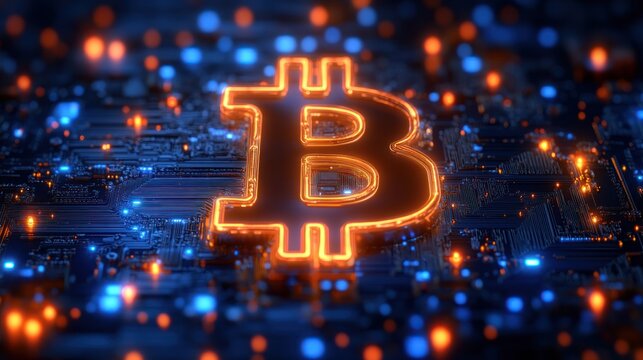 Bitcoin Digital Currency on Circuit Board - Powered by Adobe