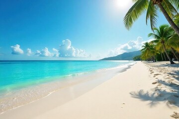 Serene, secluded beach scene; untouched sand stretches to a calm, turquoise ocean under a vast sky Perfect for relaxation and escape themes , untouched, coast