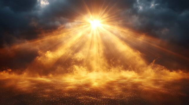 Dramatic sky scene with golden sun rays breaking through dark storm clouds atmospheric light
