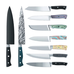 A Collection of Various Kitchen Knives with Unique Designs and Styles for Culinary Enthusiasts and Professional Chefs in Modern Cooking Settings