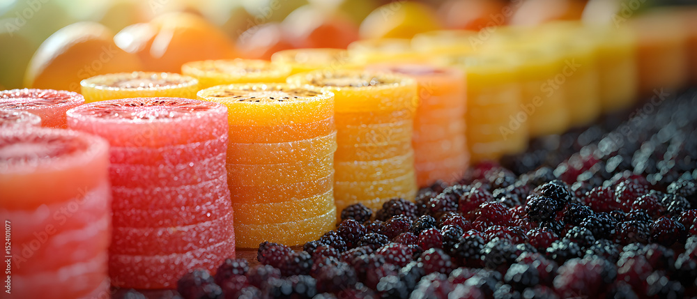 Poster a row of fruit is displayed in a store