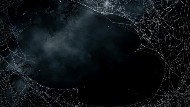 Spooky spider web and fog on black background. Animation of the appearance of a white web on a black screen. Video transition with spider web in 4K with alpha channel. Halloween effect for overlay.