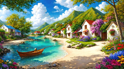 Atmospheric landscape of a small town by the caribbean sea, oil painting illustration