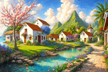 Small town on the Mediterranean Sea with flowers and mountains in the background, oil painting illustration.
