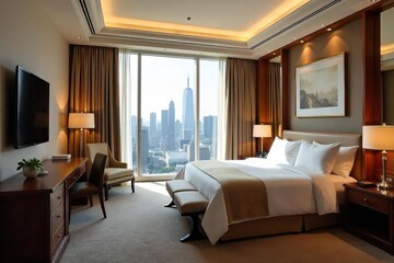 Opulent hotel suite boasts a king-size bed, plush furnishings, and breathtaking city views from a large window Enjoy the ultimate in luxury and comfort , spa, premium