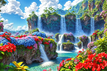 Waterfalls and flowers idyllic landscape, a beautiful paradise land full of flowers rivers and waterfalls, idyllic Eden garden.