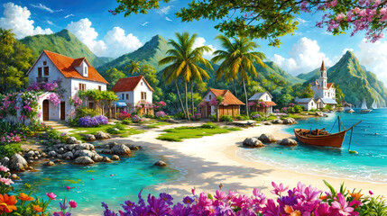 Small town on the Mediterranean Sea with flowers and mountains in the background, oil painting illustration.
