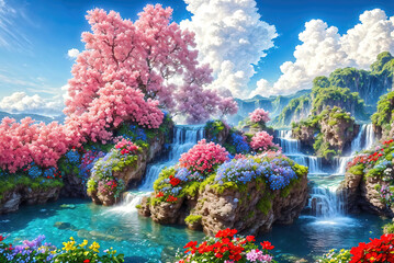 Waterfalls and flowers, beautiful landscape, idyllic background with many flowers in Eden.