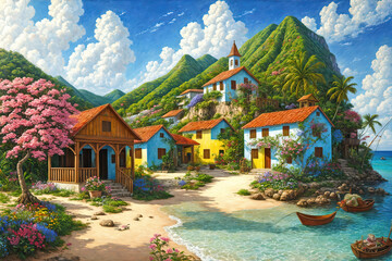 Atmospheric landscape of a small town by the caribbean sea, oil painting illustration