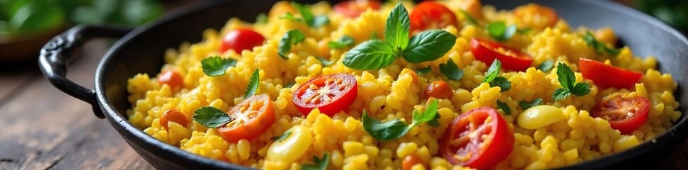 A vibrant spread of Valencia-style vegetarian paella, featuring saffron-infused rice, artichoke hearts, vibrant peppers, and fresh herbs, served in a rustic pan , plant-based, rustic