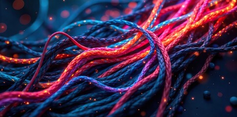 Vibrant, multicolored electrical wires and cables intertwined, creating a chaotic yet beautiful abstract pattern Perfect for backgrounds, energy, technology, and electric concepts , colorful, wires