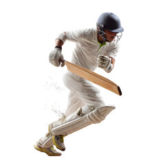Cricket player in action running with bat and helmet wearing white uniform against black background