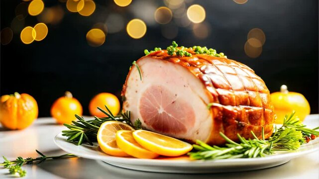 Glazed ham with citrus slices and rosemary garnished on a plate  