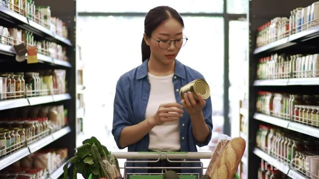 Conscious young Asian customer carefully reads the nutrition label on a product in a supermarket aisle.