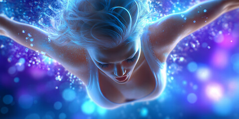 Frau schwimmt unter Wasser in blauer Umgebung mit Lichteffekten