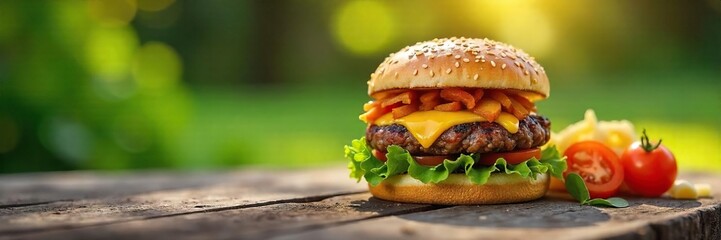A juicy cheeseburger sits on a rustic wooden picnic table outdoors, sunlight illuminating the fresh ingredients Enjoy the simple pleasure of a delicious burger in nature , eating, bbq
