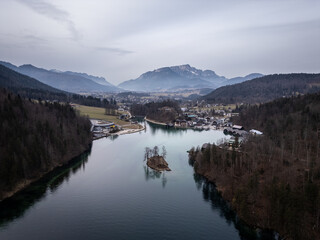 Konigsee, Germany: Dramatic aerial view of the Konigsee, the King's lake, in the Bavarian alps in Berchtesgaden in Germany on a cloudy winter day