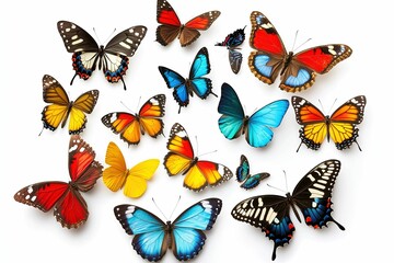 A collection of butterflies in various colors and patterns.  , isolated on white background.