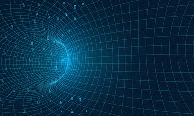 Synthwave wireframe net illustration. Abstract digital background. 80s, 90s Retro futurism, Retro wave cyber grid. Deep space surfaces. Neon lights glowing. Starry background. Vector 3D Rendering