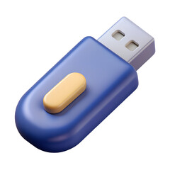 Blue USB Drive 3d icon in cartoon plastic style minimal isolated on transparent white background