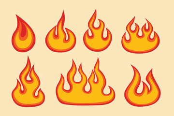 Set of Fire flames wildfire, red fiery flames