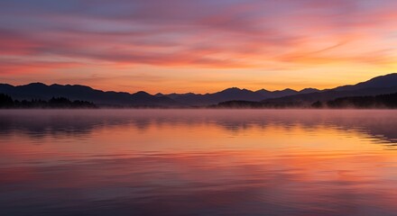 Obraz premium Majestic Sunset with Misty Waters and Mountains
