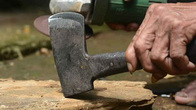 Isolated close up of chef knife sharpening, honing and stropping process by  a skilled craftsman. Vintage old school craftsman at work in grange shop showing true professional skills.